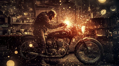 Welding Sparks on Motorcycle in Workshop