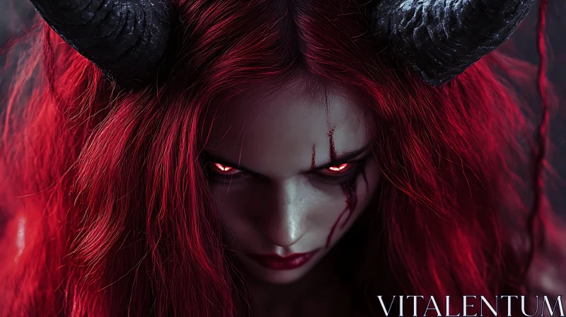 AI ART Crimson Haired Demonic Woman with Horns