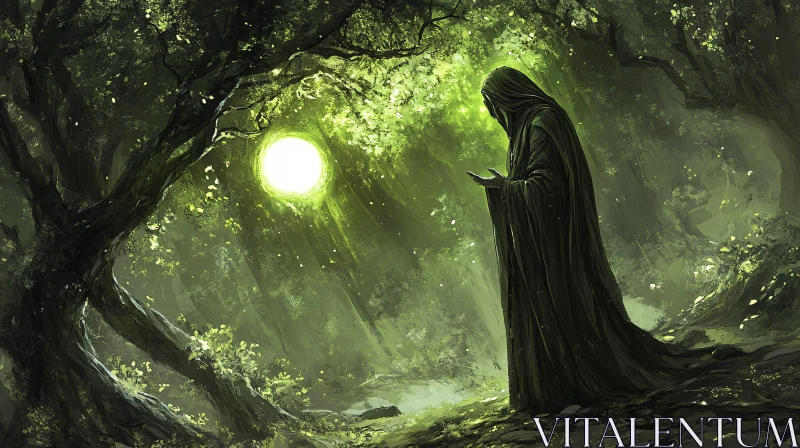 Hooded Figure in Ethereal Forest AI Image