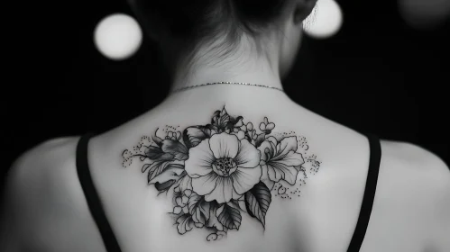 Detailed Black and White Floral Back Tattoo