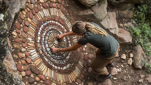 Artistic Spiral Pattern Created with Stones in Nature