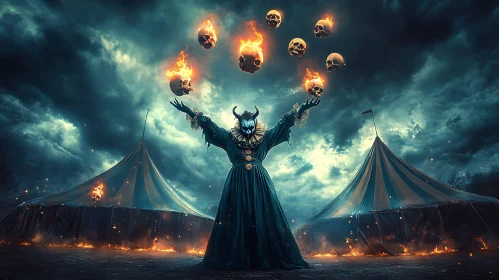 Sinister Clown with Flaming Skulls