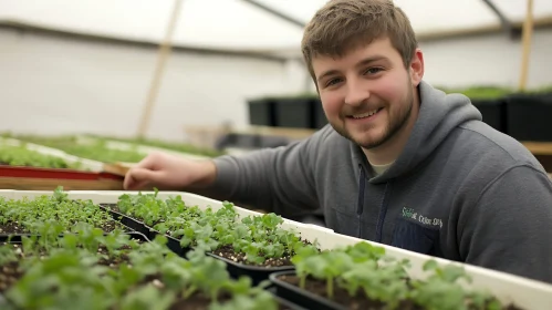 Greenhouse Seedlings with Smiling Gardener