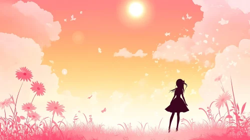 Girl Silhouette in Pink Field