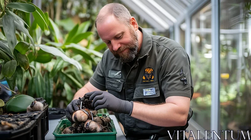 Greenhouse Gardener with Plant Bulbs AI Image