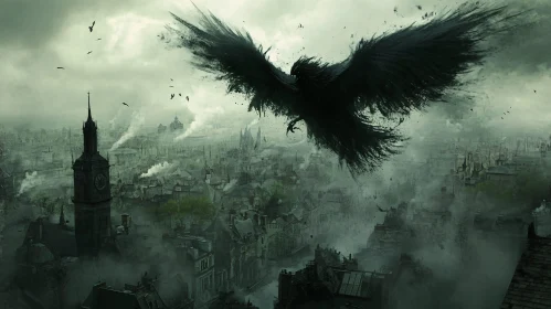 Gloomy Raven Over Old Cityscape