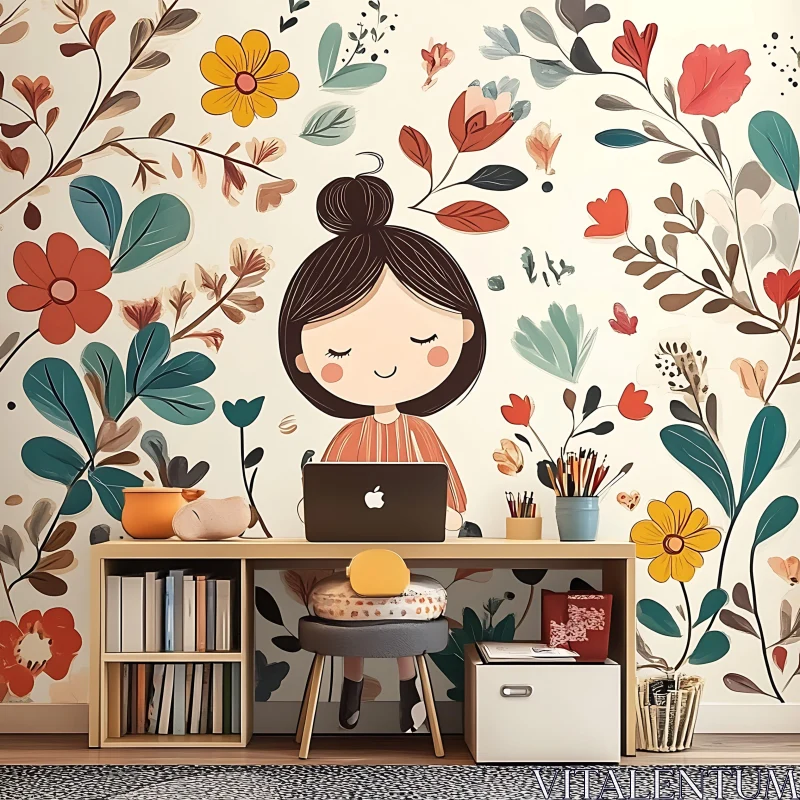 Girl at Desk with Floral Background Art AI Image