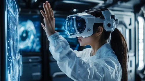 Woman in VR Headset Interacting with Interface