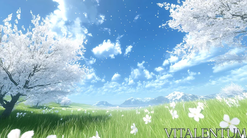 White Flowers in a Green Field AI Image