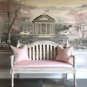 Pink Cushions on Bench with Landscape Mural