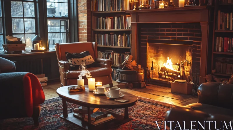 Warm Interior with Fireplace and Books AI Image