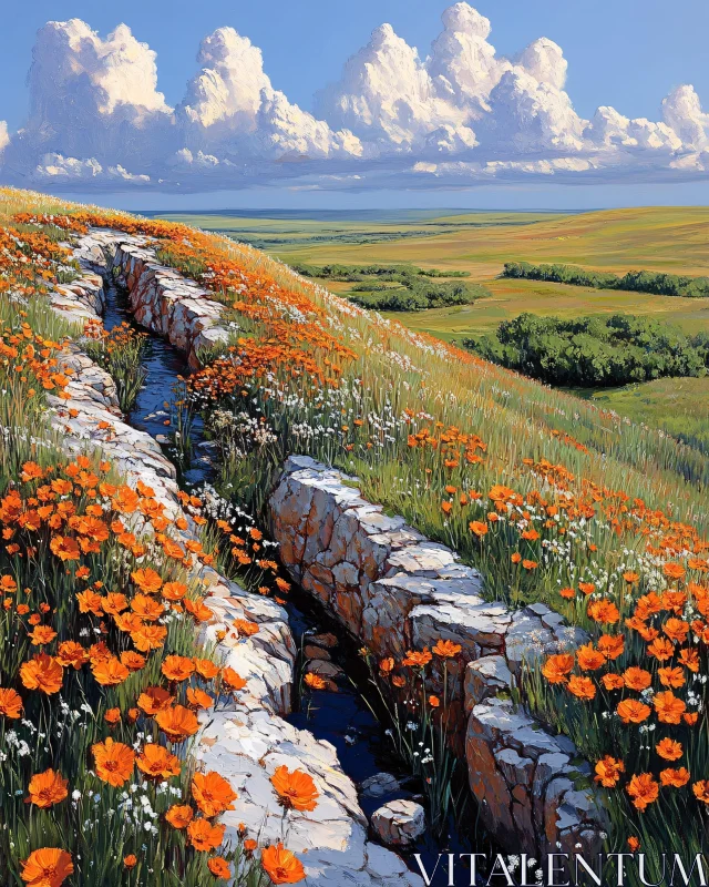 Tranquil Meadow with Orange Blooms AI Image