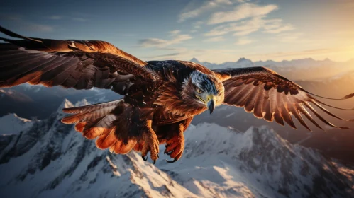 Eagle Soaring Above Snowy Peaks at Sunset - Photorealistic Animal Portraits