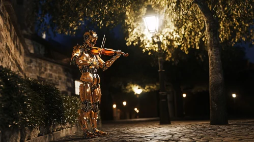 Cyborg Violinist Amidst Night Street Lamps and Trees