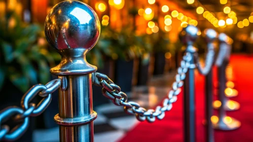 Enigmatic Red Carpet Composition with Metal Fence and Stanchion