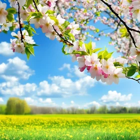 Cherry Blossoms Over Yellow Field