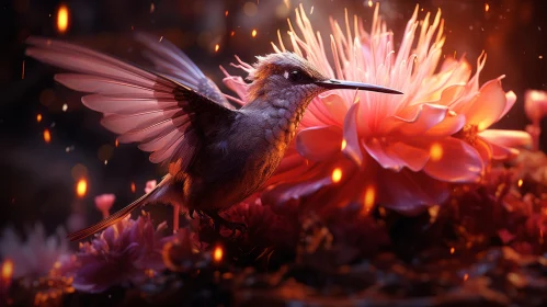 Fiery Winged Hummingbird Hovering over Pink Blossom