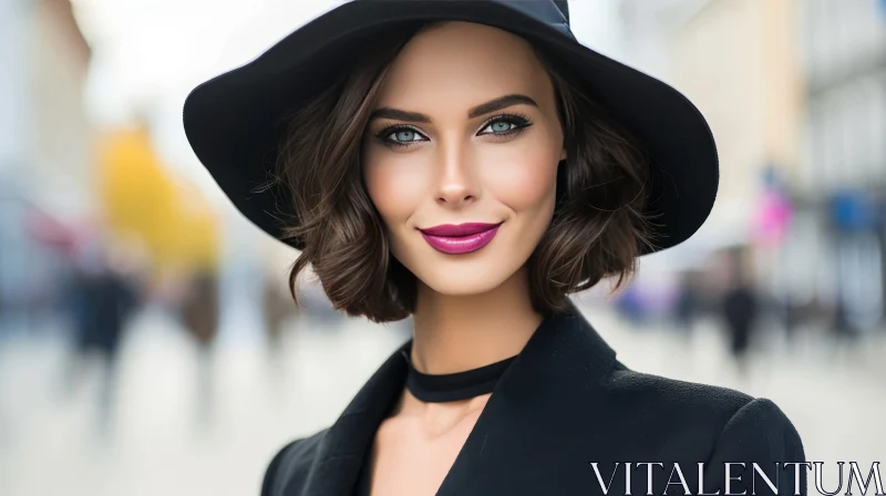 Portrait of a Beautiful Woman in a Black Hat and Coat AI Image
