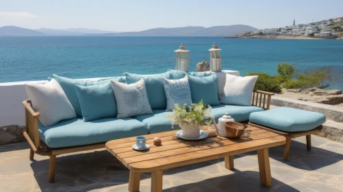 Serene Oceanic Vistas: Blue Cushion on Neoclassicist Sofa