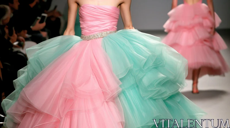 Strapless Pink and Blue Ball Gown on Runway | Fashion AI Image