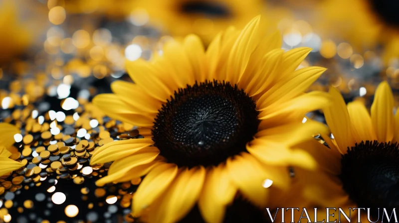 Sunflowers with Glitter on Silver Background - Focus Stacking Style AI Image