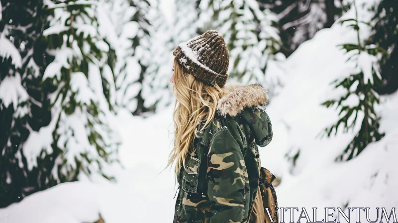 Young Woman in Snowy Forest | Fur Hat & Camouflage Jacket AI Image