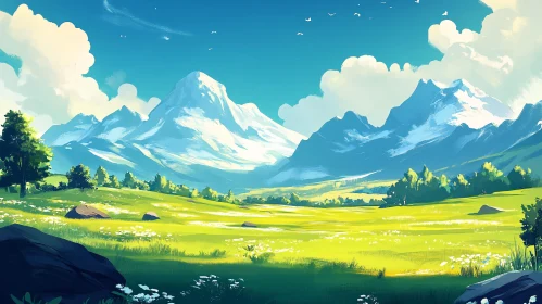 Peaceful Mountains and Meadow View