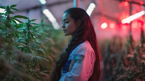 Woman in Neon Lit Indoor Garden