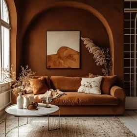 Cozy Brown Sofa in Arched Room