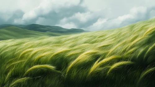 Wind Swept Grass Field with Hills