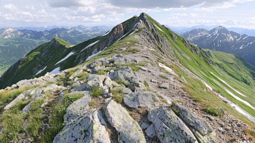 Majestic Mountain Peak with Rugged Terrain and Distant Snow-Capped Mountains