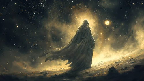 Cloaked Figure Under Cosmic Light