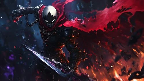 Armored Figure in Fiery Landscape