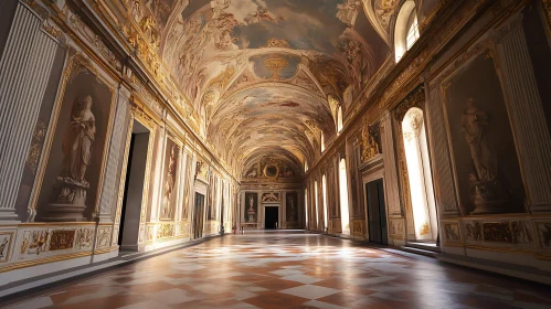 Ornate Hallway with Statues and Paintings