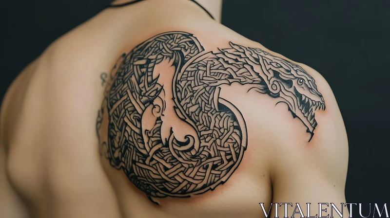 Black Ink Dragon Tattoo with Celtic Patterns AI Image