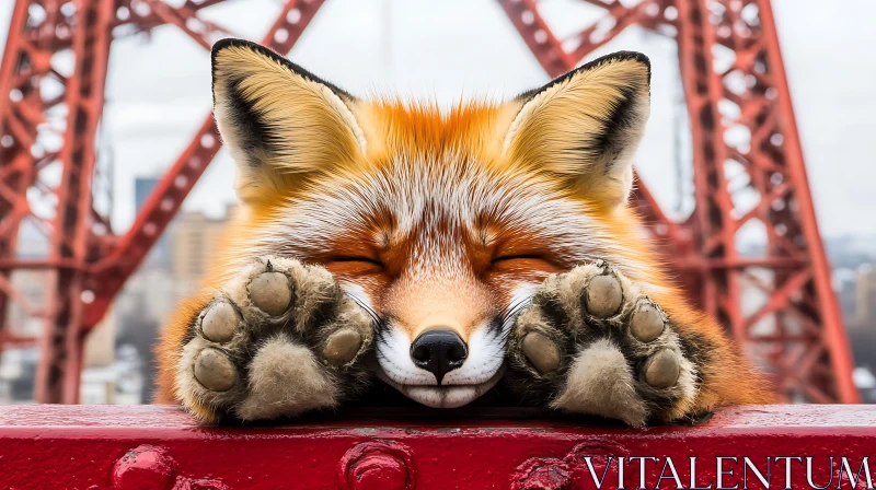 Fox Sleeping on Red Structure AI Image