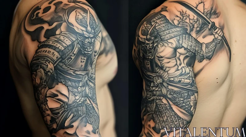 Detailed Black and Grey Samurai Tattoo AI Image