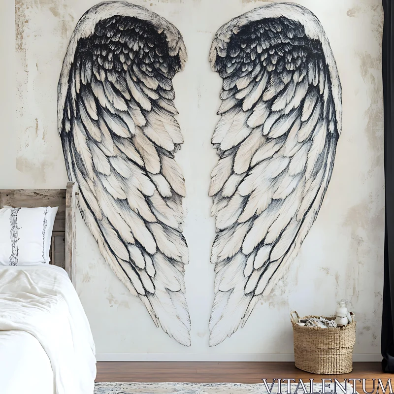 AI ART Feathered Wings Mural Above Bed