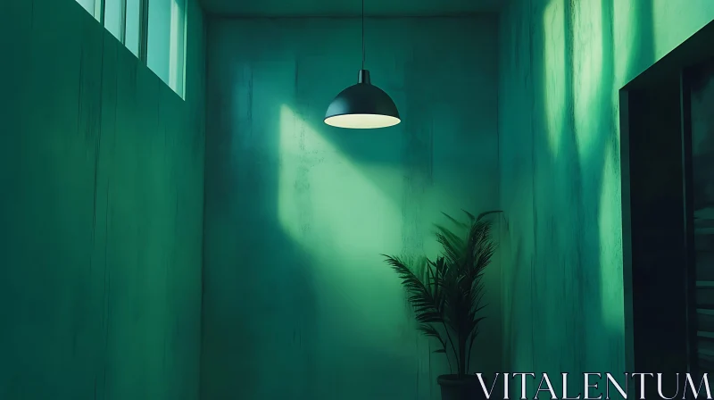 Minimalist Green Interior with Plant and Lamp AI Image