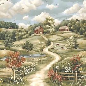 Peaceful Countryside Scene with Farmhouses