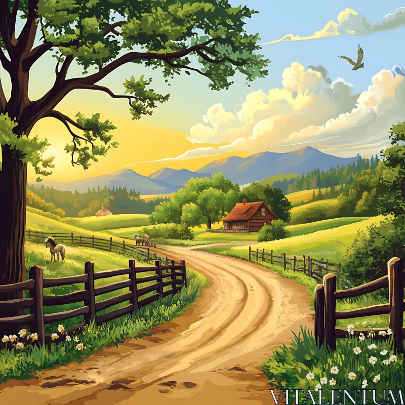 Country Road to Cabin at Sunset AI Image