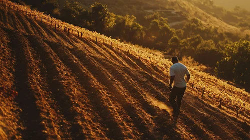 Man Walking in Vineyard at Sunset