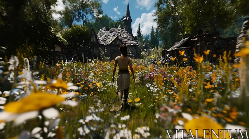 Field of Flowers and Cottage AI Image