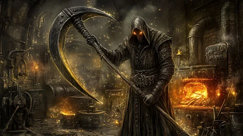 Cloaked Figure with Scythe in Dark Workshop