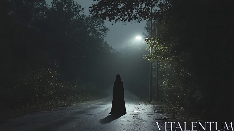 Shrouded Figure on Foggy Road AI Image