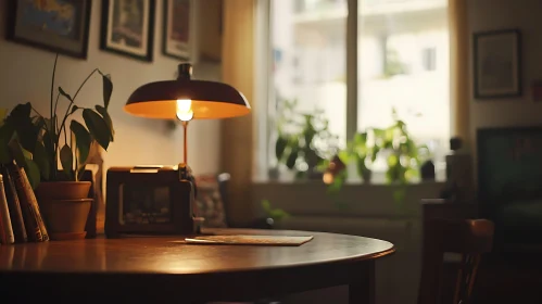 Indoor Scene with Table Lamp and Plants