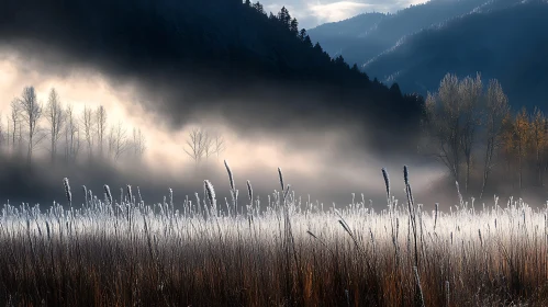 Foggy Winter Scene with Mountains