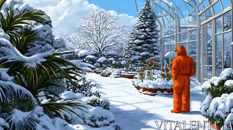 AI ART Snowy Conservatory with Visitor in Orange