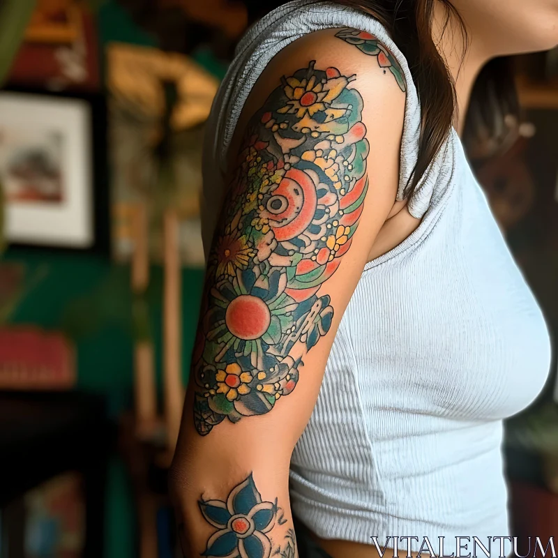 Detailed Flower Tattoo on Upper Arm AI Image