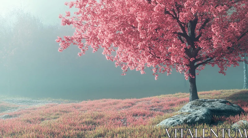 Misty Field with Pink Tree AI Image